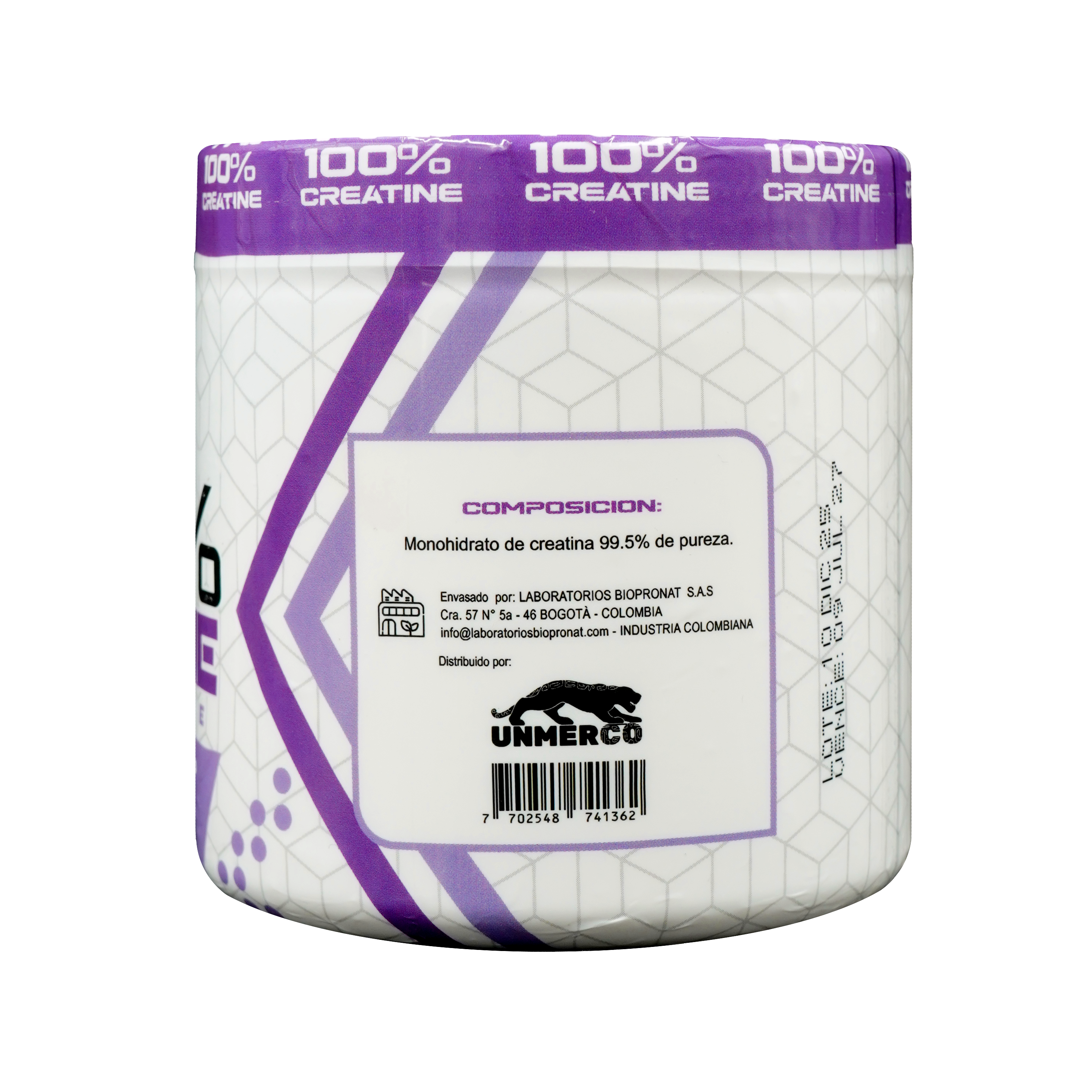 100% Creatine Monohydrate - Parte trasera con composición y datos del fabricante